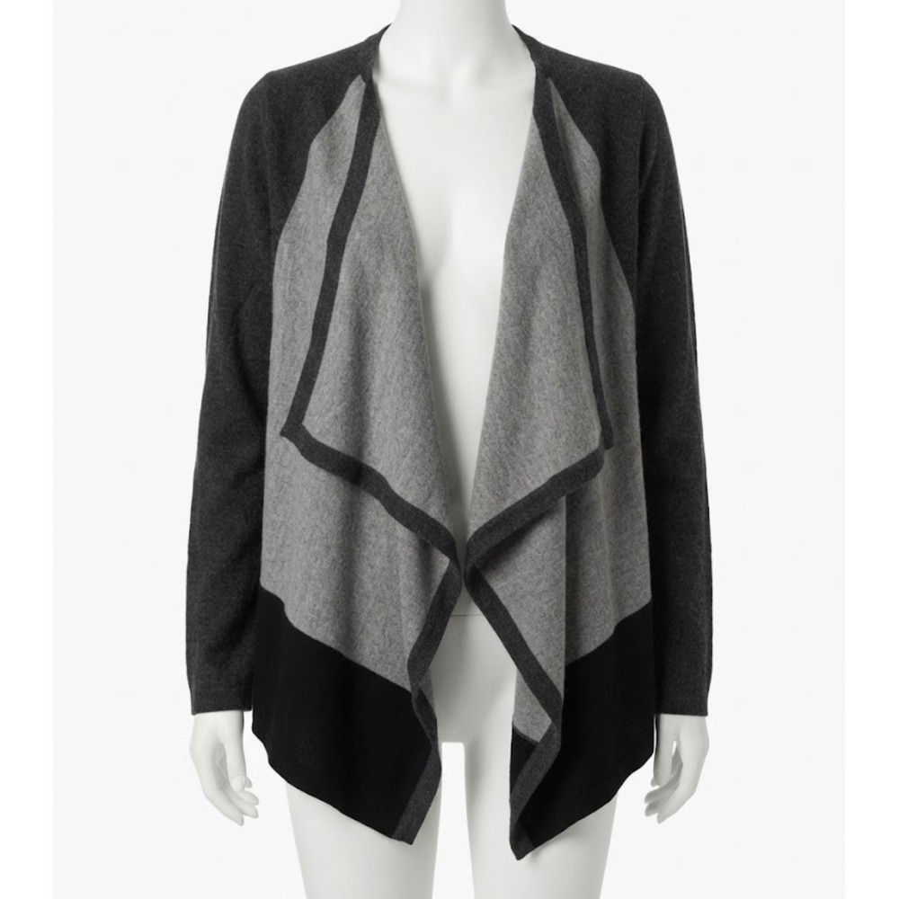 Carole Little Womens Merino Wool Colorblock Waterfall Cardigan Grey Black Medium